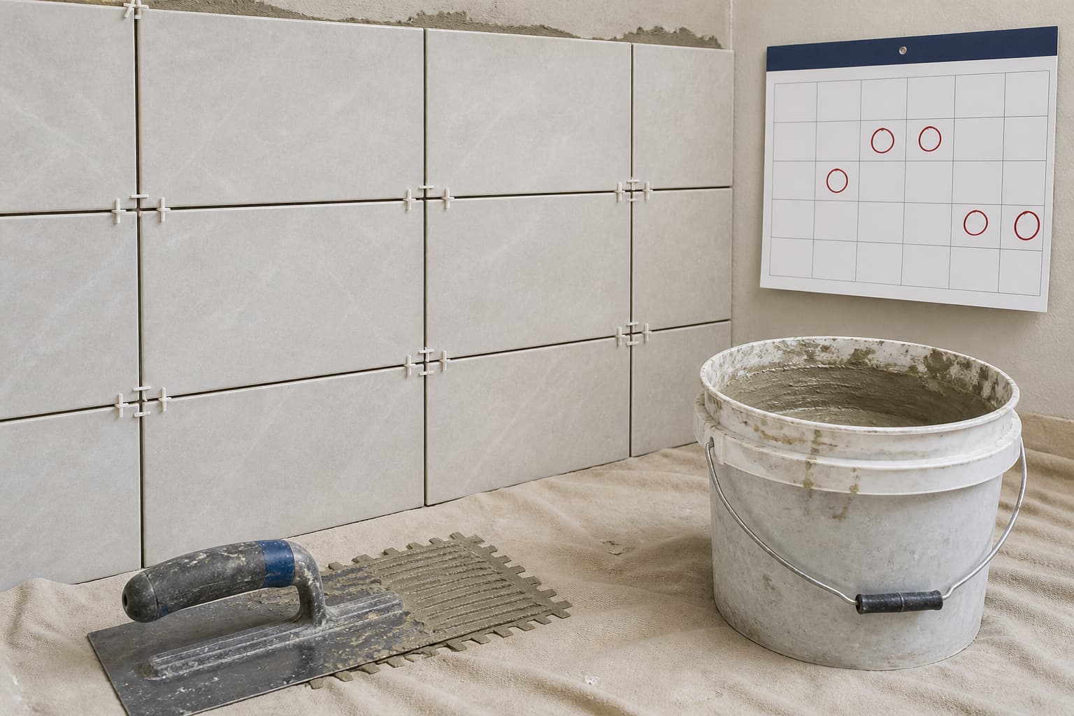 Illustration of freshly set tile with spacers, a notched trowel, a thinset bucket and a calendar with days circled