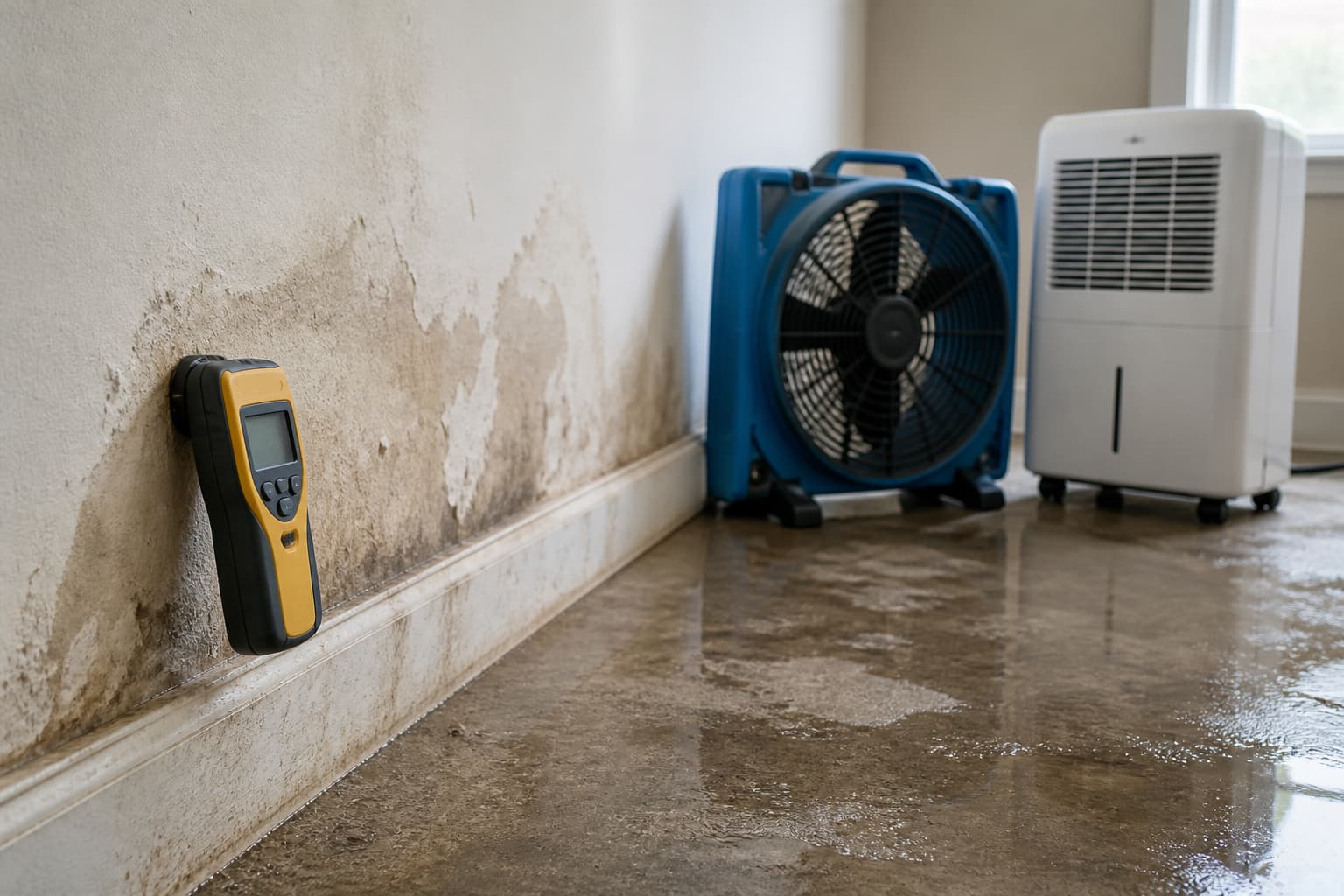 Illustration of a moisture meter held against water-stained drywall with a fan and dehumidifier drying the floor
