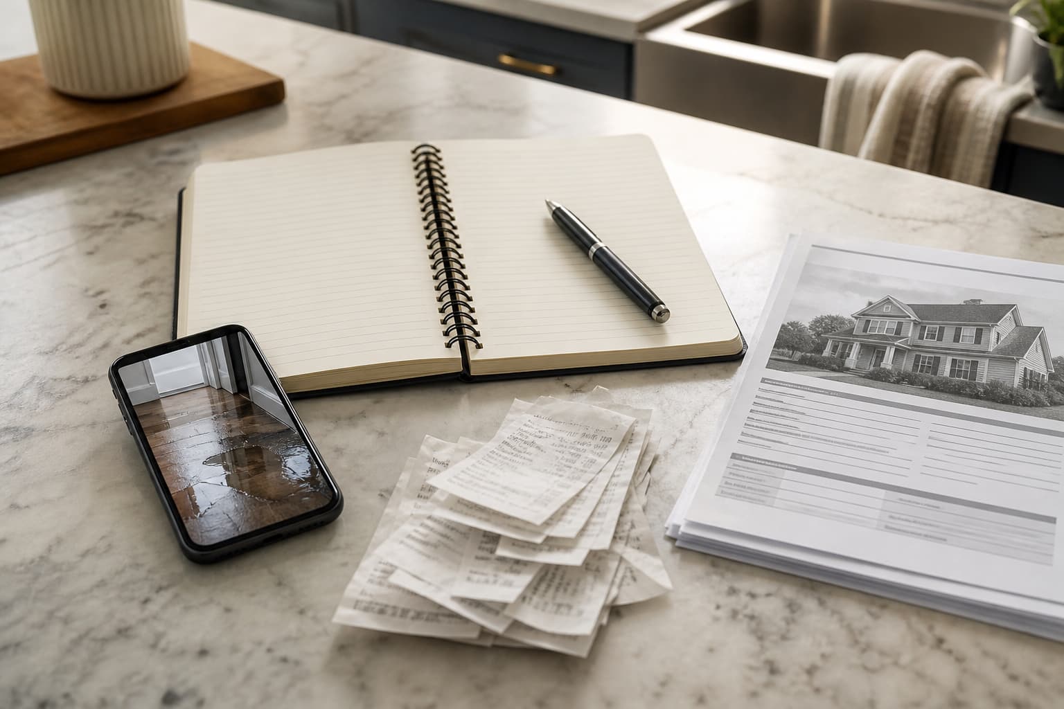 Illustration of a claim diary notebook, a phone with a photo of water damage, receipts and an insurance policy on a counter